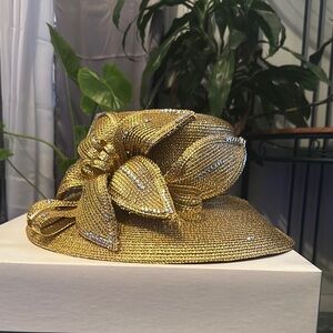 Gold Wide-Brimmed Hat with Sculptural Bow